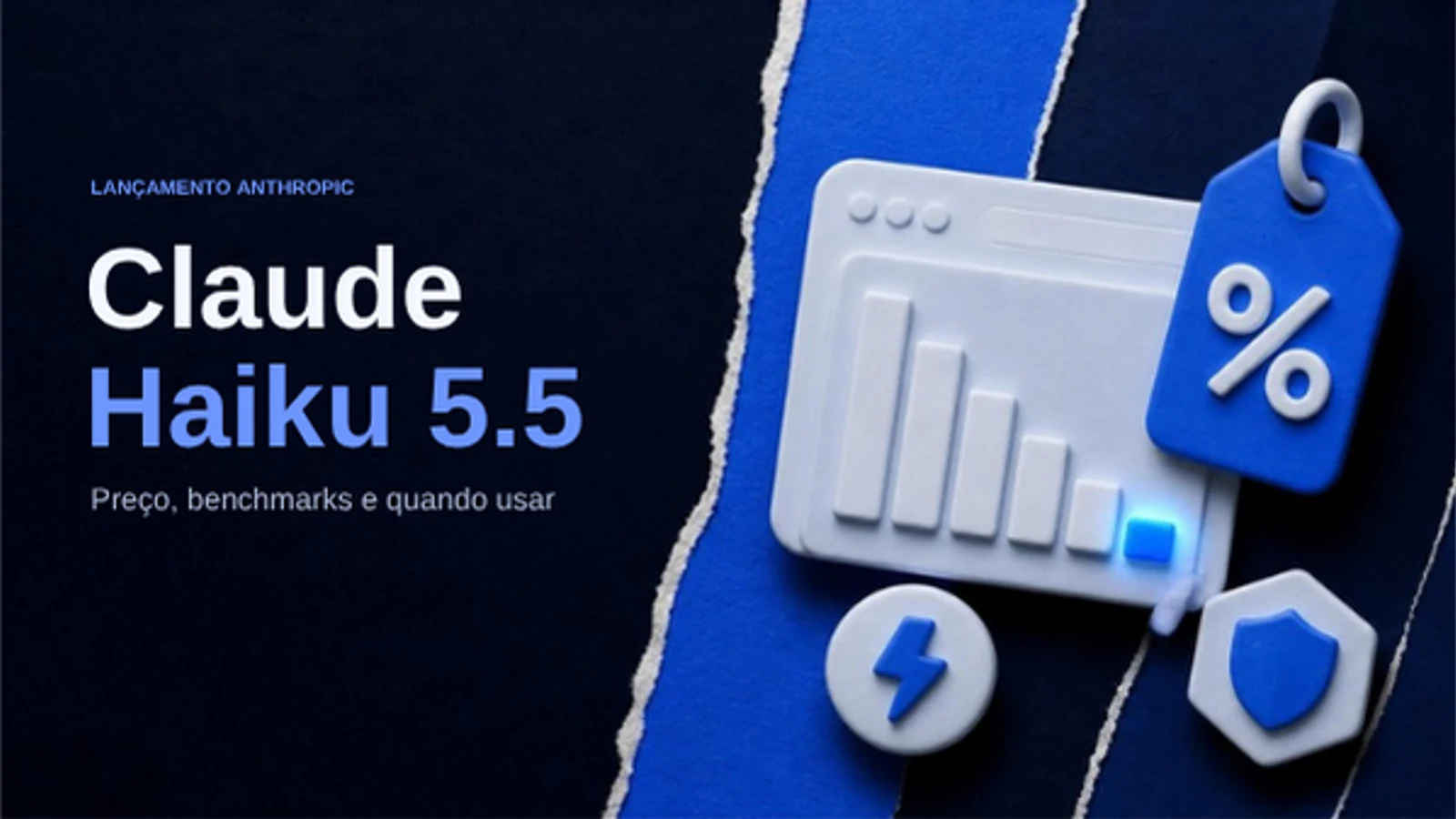 Capa com o título Claude Haiku 5.5, um gráfico de barras em queda, uma etiqueta de desconto e ícones de raio e escudo