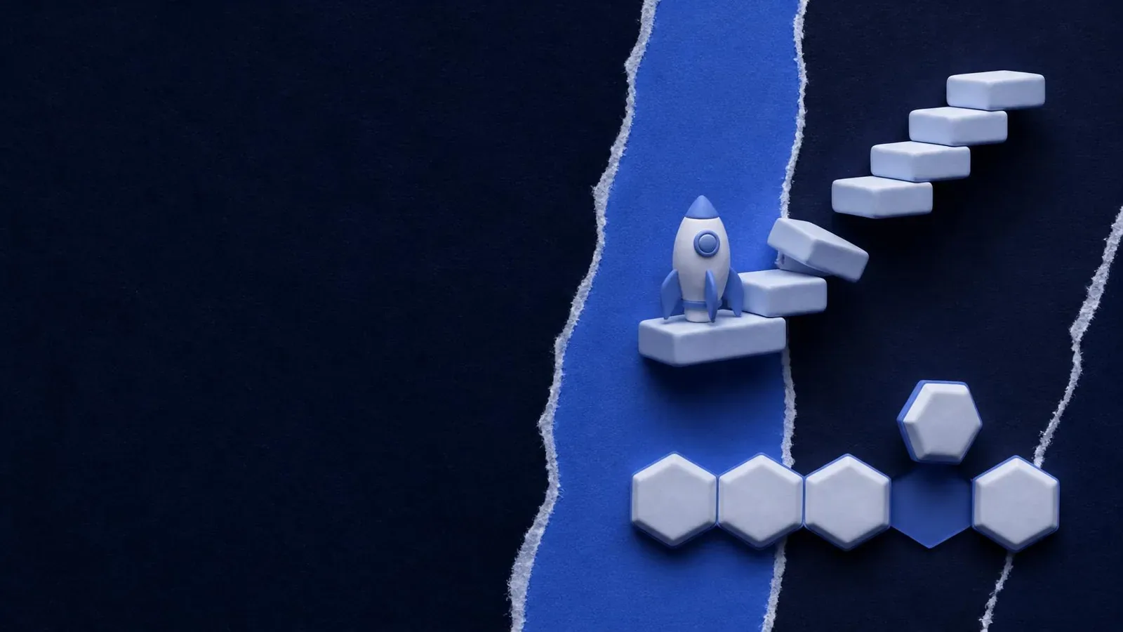 Ilustração de um foguete numa escada com um degrau solto e uma fileira de hexágonos com uma peça fora do lugar