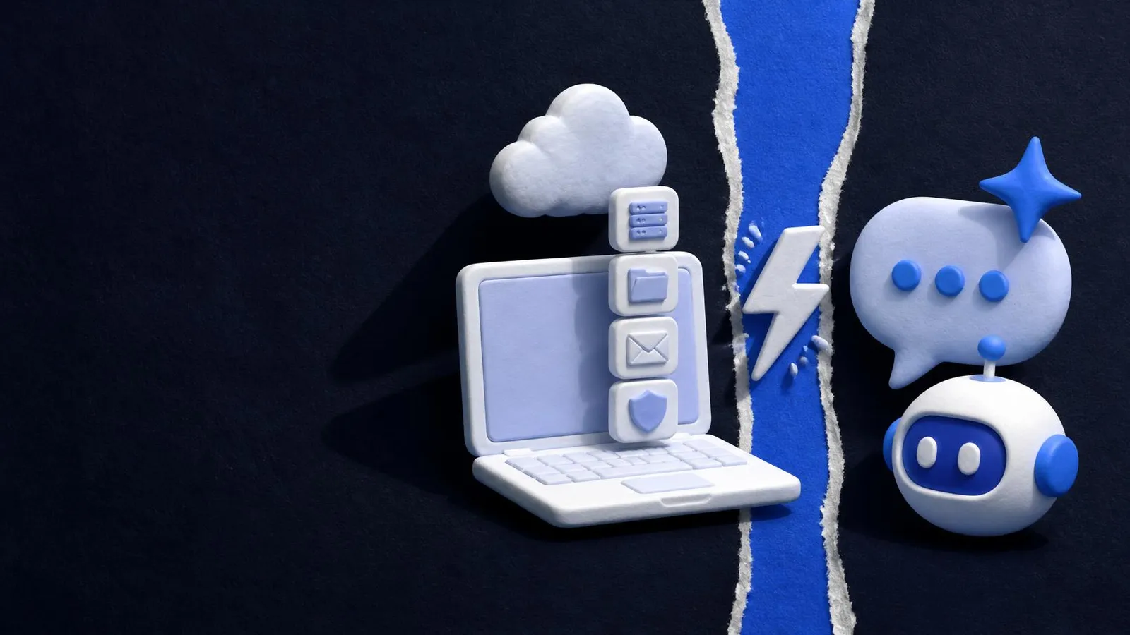 Ilustração de um notebook com nuvem, pasta, e-mail e escudo separado por um rasgo azul de um robô com balão de conversa